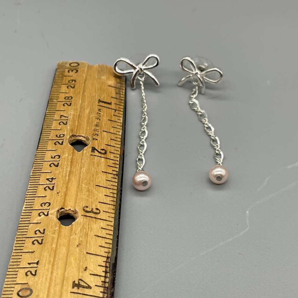 Silver Tone Bow Pink Pearl Drop Dangle Earrings Coquette Bridal Post Back 2" - Picture 5 of 5